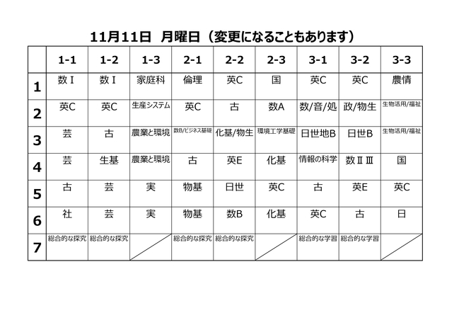 月曜日時間割