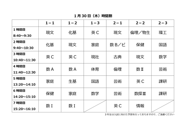 木曜日時間割