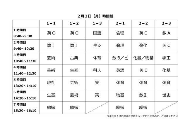 月曜日時間割