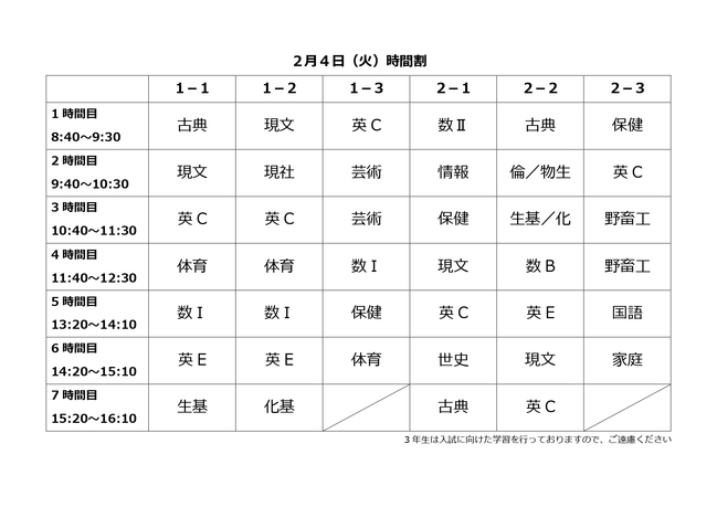 火曜日時間割