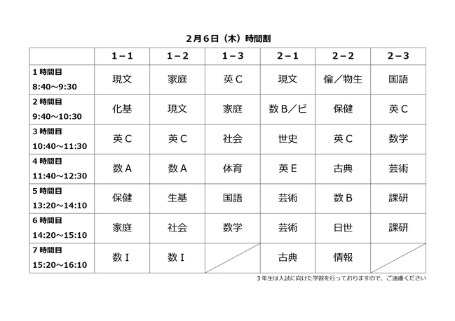 木曜日時間割（最終日）